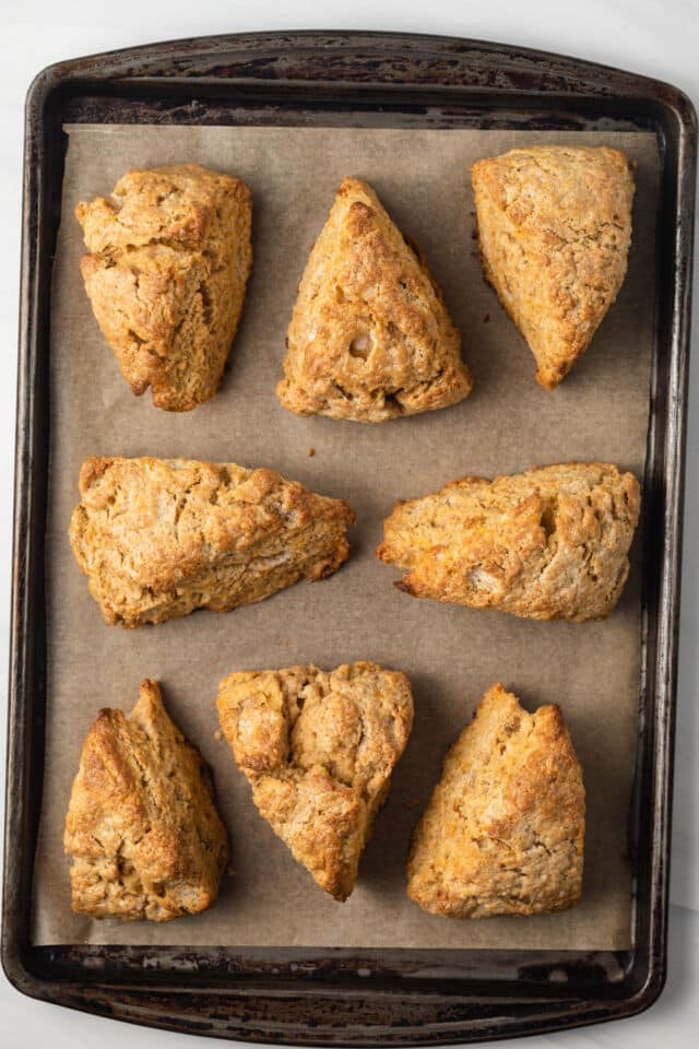 Sweet potato scones on baking sheet.