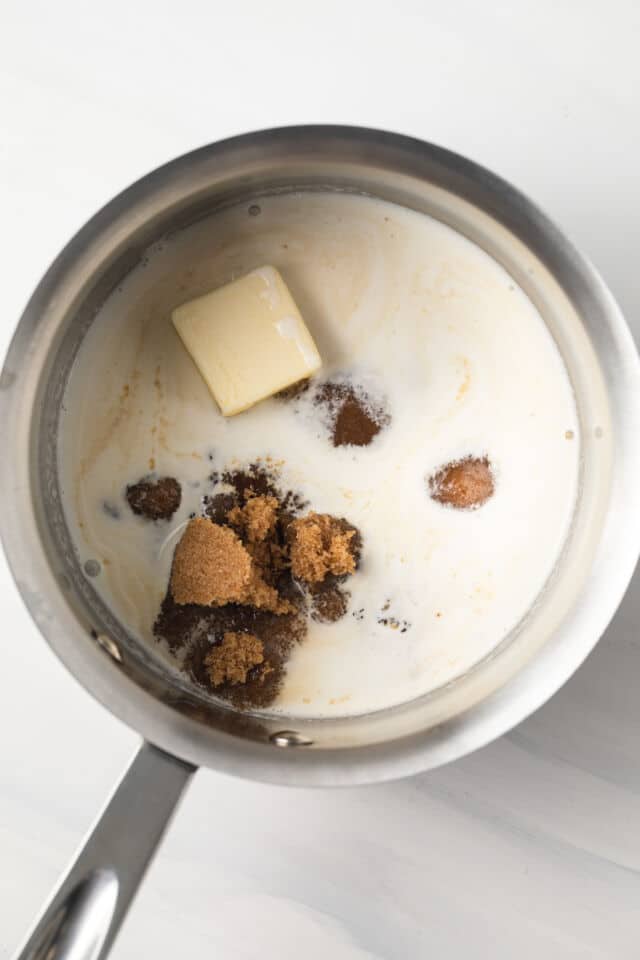 Butter, cream, and brown sugar in saucepan.