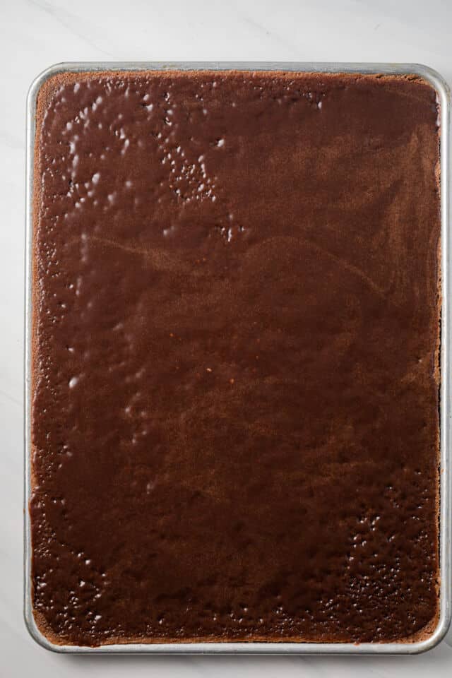 Overhead of glazed texas sheet cake.