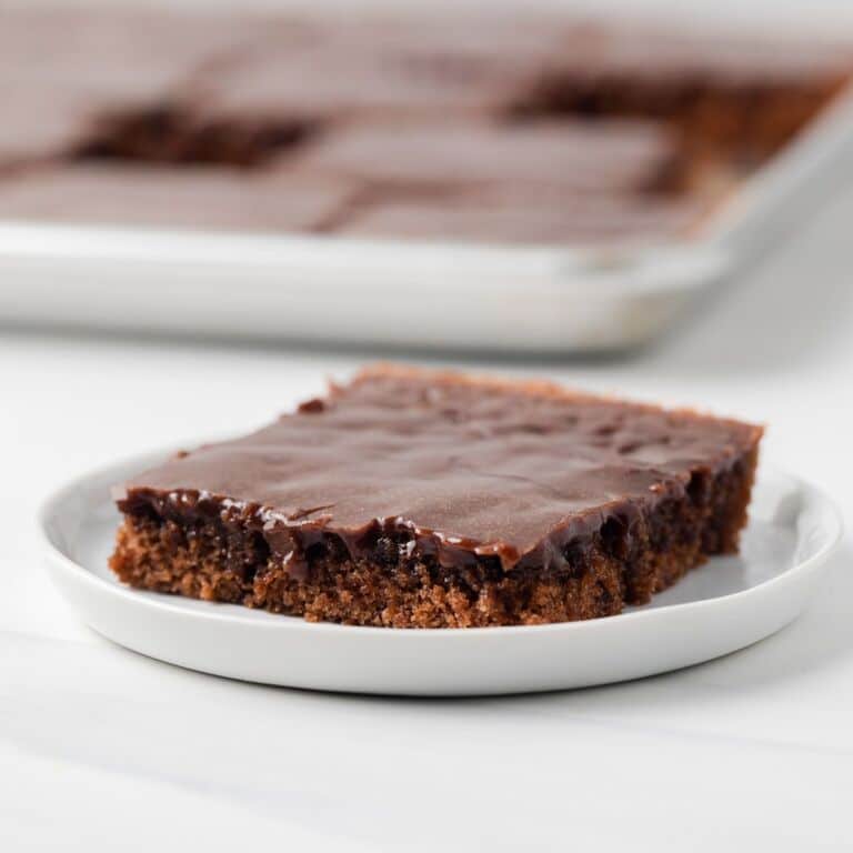 Slice of texas sheet cake on white plate.