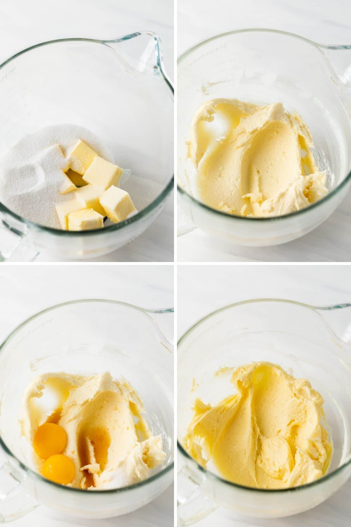 butter and sugar in glass bowl, creamed butter and sugar in glass bowl, eggs and vanilla with creamed butter and sugar in glass bowl, fully creamed wet ingredients in glass bowl