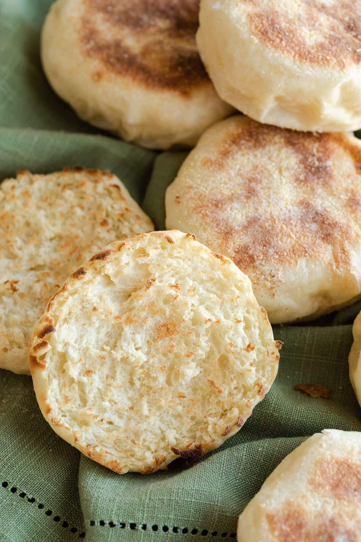 English muffin cut in half with insides visible