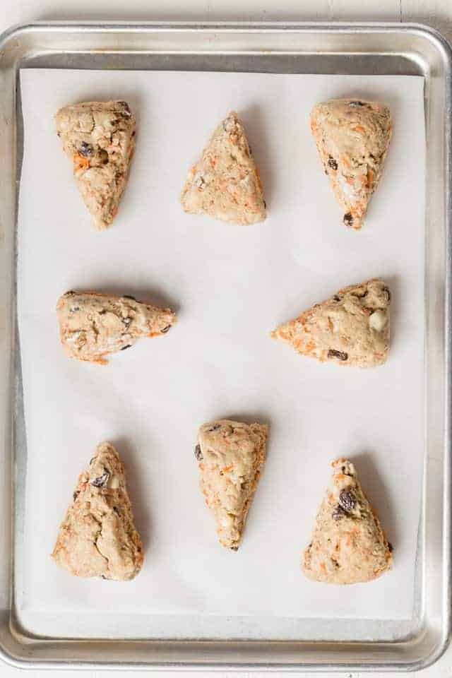 Unbaked Carrot Cake Scones on Baking Sheet