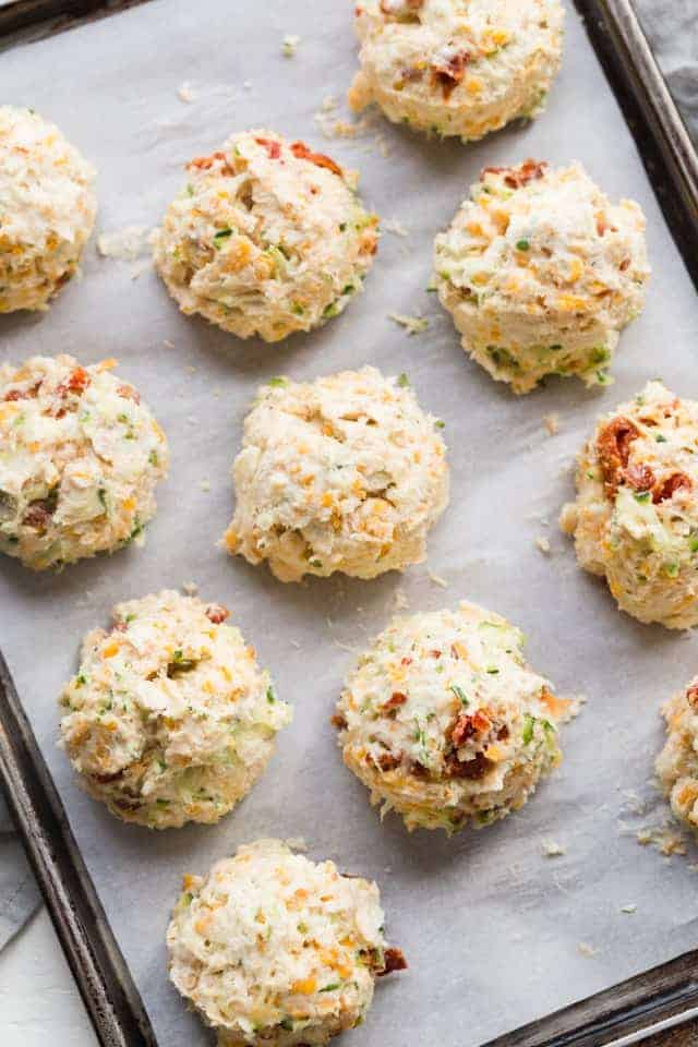 unbaked drop biscuits on baking sheet