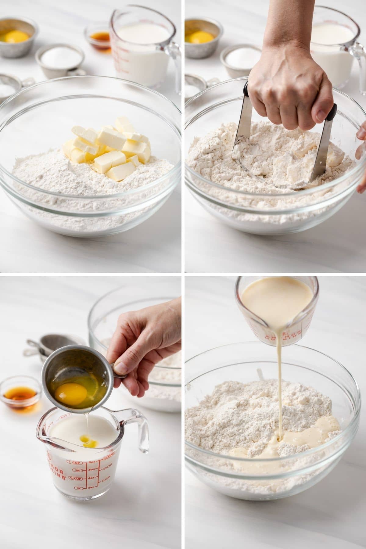 chopped butter in bowl with flour, hand blending butter into flour with pastry blender, egg being poured into cup of buttermilk, and buttermilk mixture being drizzled over flour in glass bowl
