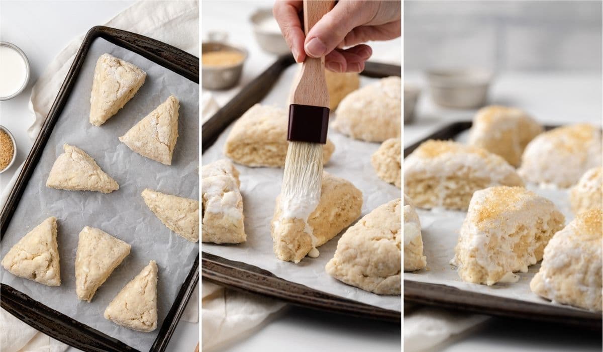 unbaked scones on baking sheet, cream brushed over unbaked scones, and coarse sugar sprinkled over unbaked scones