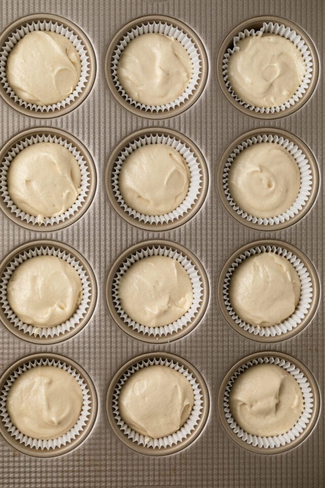 Cupcake batter in muffin pan.