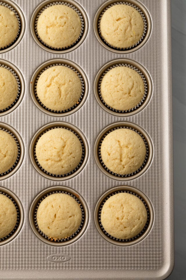 Vanilla yogurt cupcakes in muffin pan.