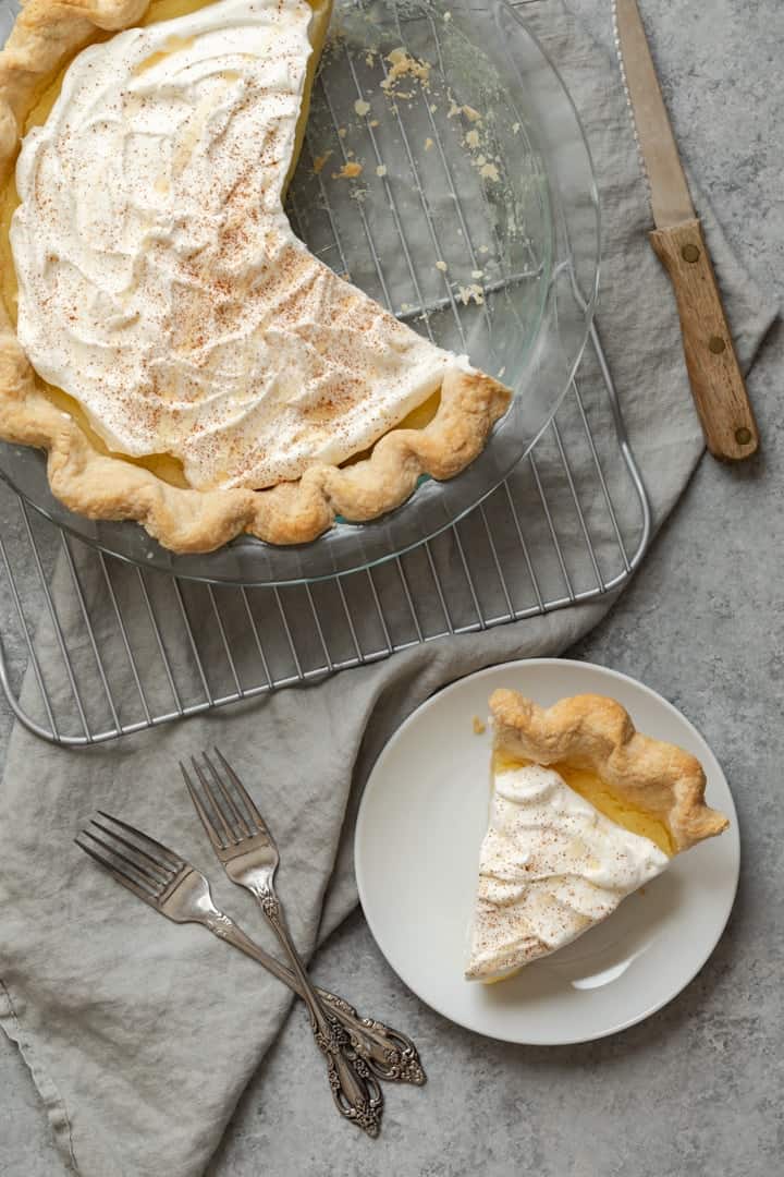 vinegar pie with a slice set on a white plate
