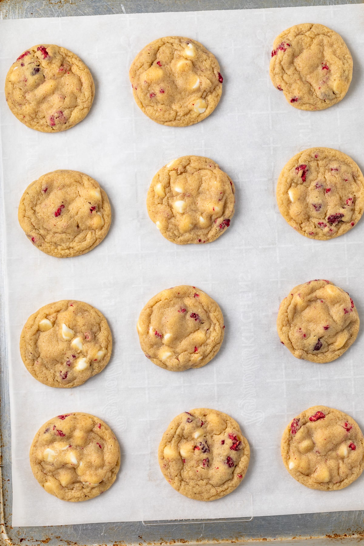 Baked cookies on sheet pan.