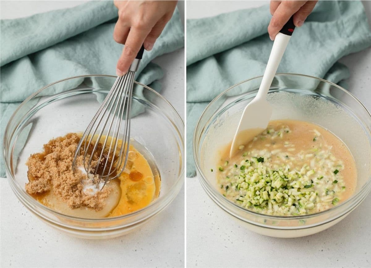 process shots showing wet ingredients mixed in glass bowl