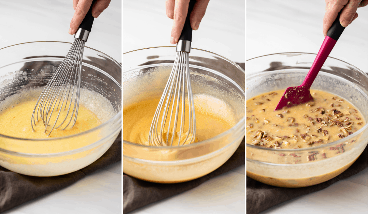 process shots showing all wet ingredients mixed together with the addition of nuts