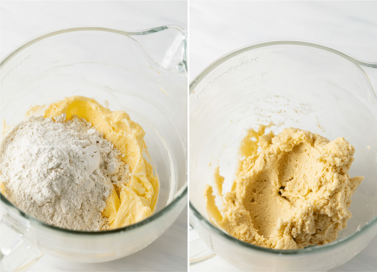 flour and creamed wet ingredients in glass bowl next to bowl of thumbprint cookie dough